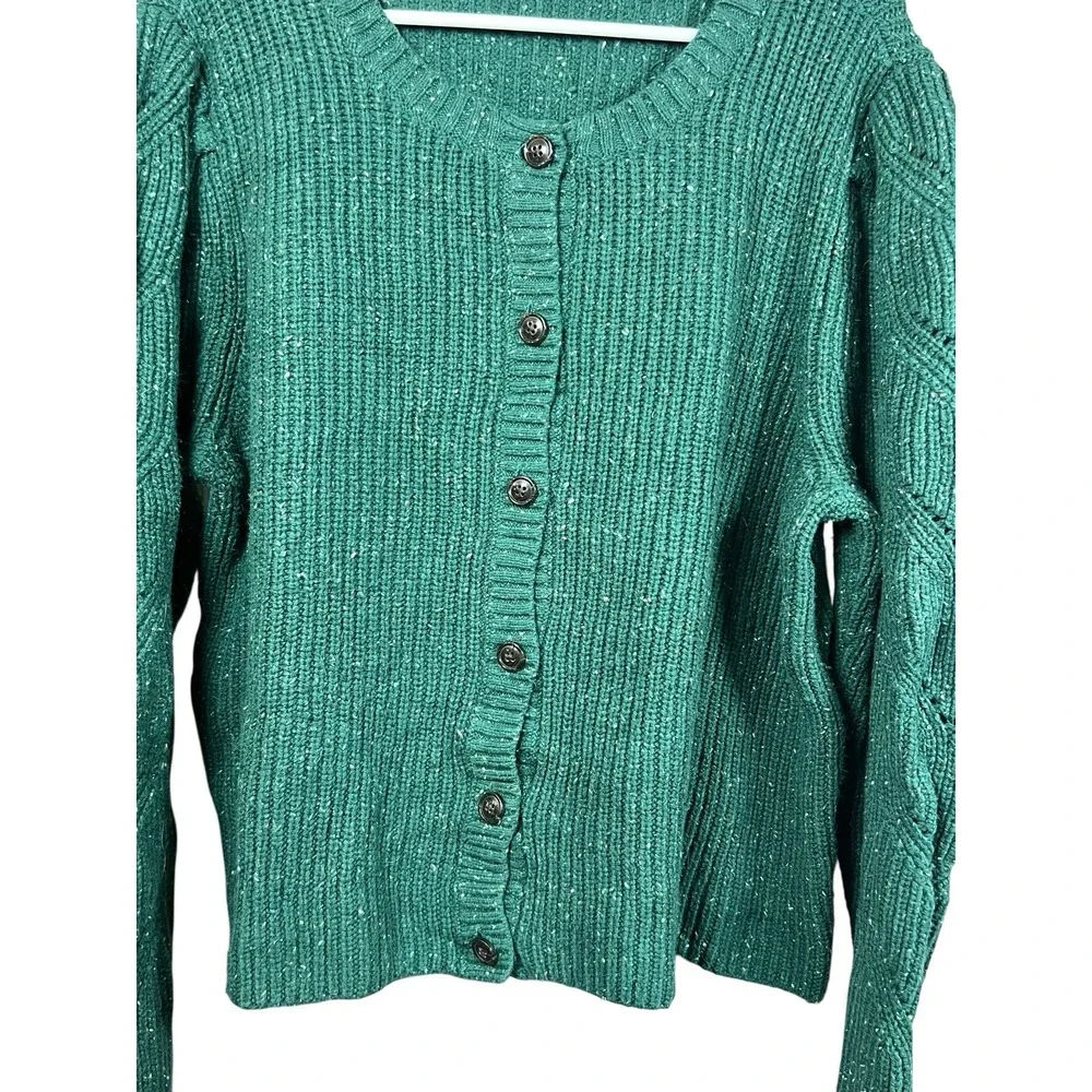 Talbots XL Green Tweed‎ Puff Sleeve Cable Knit Button Cardigan Speckled Sweater - Picture 4 of 10